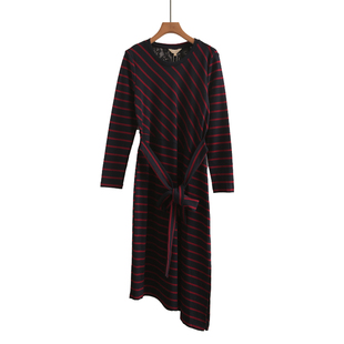 专柜品牌折扣纯棉春秋新款 高腰系带后背蕾丝拼接过膝连衣裙 韩版