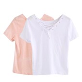 新款 外贸女装 时尚 2024夏季 宽松V领系带短袖 纯色套头天丝亚麻上衣