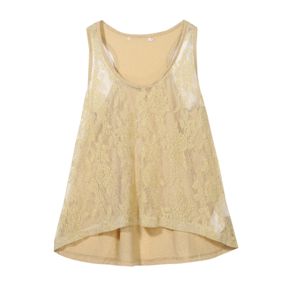 夏款女蕾丝气质上衣 金线交织网纱时尚圆领 无袖T恤 修身百搭背心