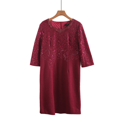 羊毛高贵法式修身妈妈装包臀礼服时尚春装新款刺绣拼接连衣裙女