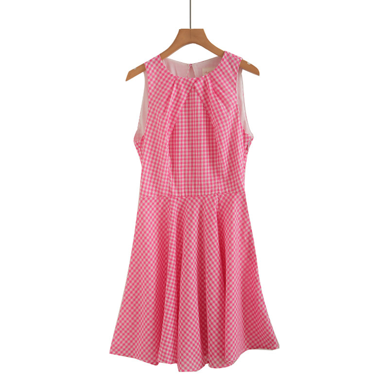 粉色甜美格子无袖背心连衣裙女夏季收腰a字裙小个子气质蓬蓬短裙