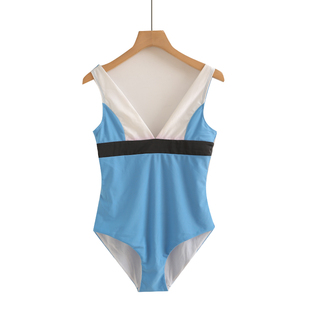 泳衣女性感低胸V聚拢大胸撞色泳装 连体裙式 显瘦 蓝白撞色新款 特价