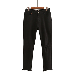 子 女九分高腰显瘦弹力紧身小脚铅笔裤 Lisa明星同款 黑色破洞牛仔裤