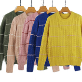 复古棉质麻花圆领套头针织毛衣女冬季 内搭外穿 宽松纯色白带针织衫