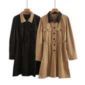 新款 纯棉翻领拼色长袖 连衣裙女秋季 抽绳收腰宽松显瘦休闲中长风衣