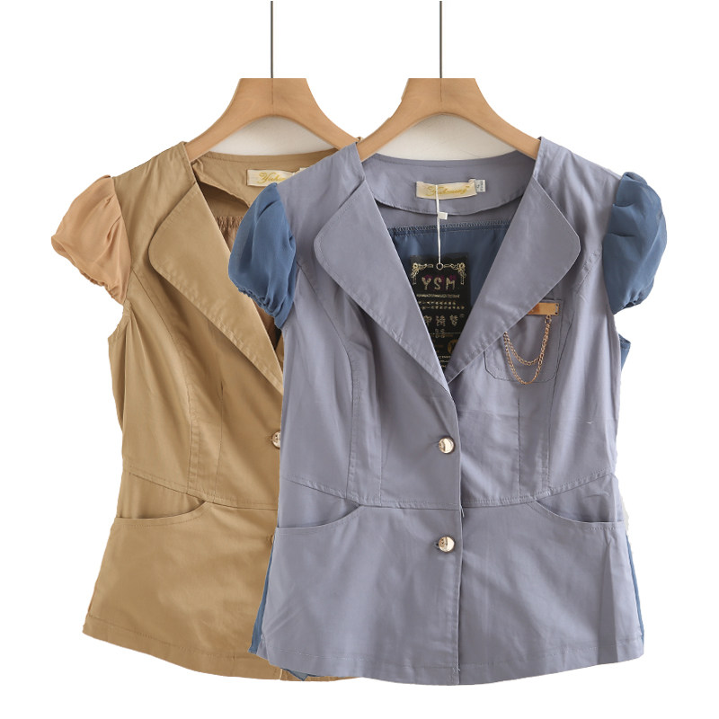 雪纺拼接夏新款修身通勤短款收腰上衣职业短袖小西服外套女紧身