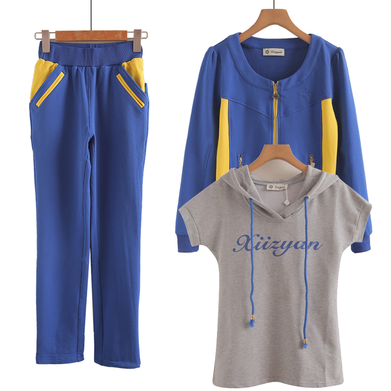 2025年秋季新款纯棉运动套装女春秋拼色针织开衫长裤卫衣三件套