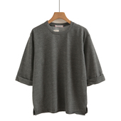 日系春秋新款 卫衣女T恤纯色 宽松大版 时尚 慵懒百搭圆领卷边七分袖