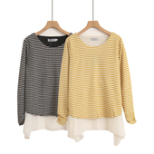 宽松百搭打底长袖 圆领条纹雪纺拼接上衣2025春秋新款 撞色T恤韩版
