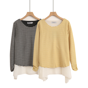 宽松百搭打底长袖 圆领条纹雪纺拼接上衣2025春秋新款 撞色T恤韩版