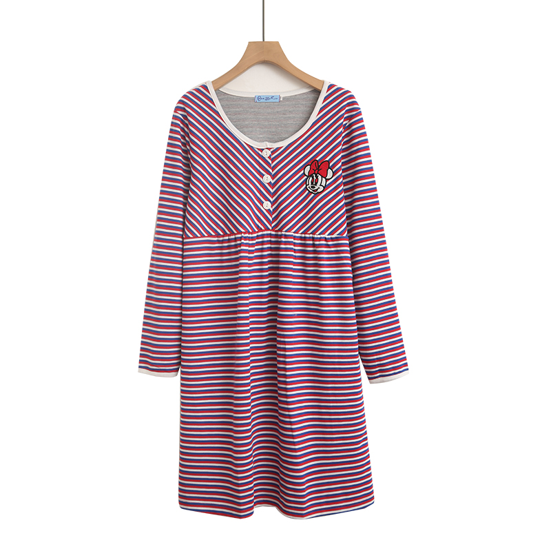 睡裙女春秋长袖棉条纹宽松睡衣