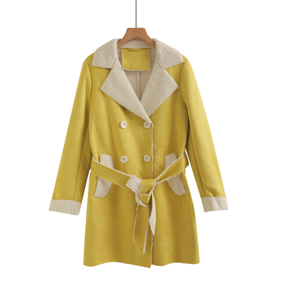 送腰带外贸皮毛一体外套 春秋新款仿羊羔毛洋气麂皮绒外套中长款