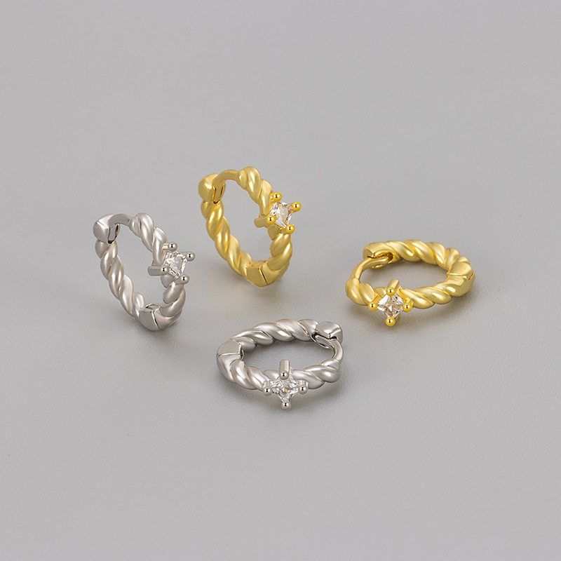 新款欧美法式轻奢麻花扭线方钻耳扣耳钉女日常通勤百搭女耳饰品