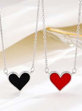 小众气质饰品s925纯银黑色红色爱心锁骨链韩系个性简约心型项链女