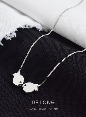 s925纯银双鱼项链韩版CHIC简约女款亲吻鱼锁骨链个性学生时尚饰品