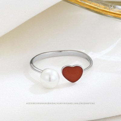 s925纯银珍珠红色爱心戒指气质小众高级感饰品轻奢心形开口指环女