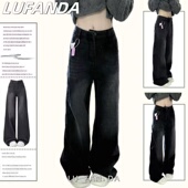 高腰垂感直筒宽松拖地裤 美式 新款 女2026春夏季 子 黑灰色阔腿牛仔裤