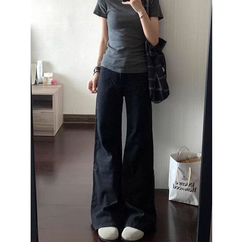 黑色不贴腿微喇牛仔裤女显瘦宽松图片