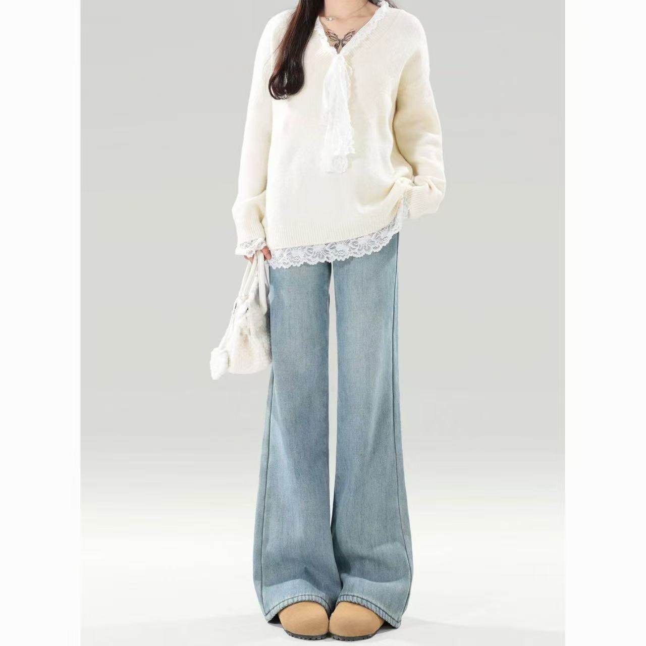 浅蓝色高腰微喇牛仔裤女2026春季新款宽松显瘦不贴腿马蹄喇叭裤子,女装/女士精品,牛仔裤,淘宝优惠券,粉丝福利购,淘宝优惠卷