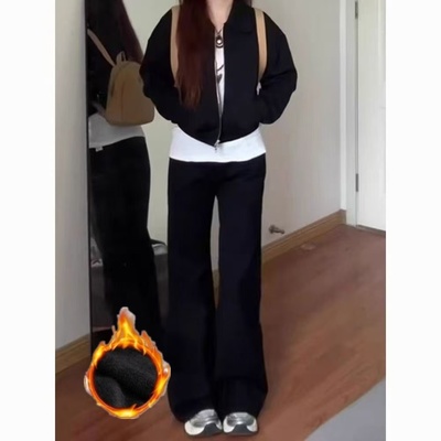 美式不贴腿喇叭加绒牛仔裤女