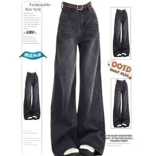 美式黑灰色阔腿牛仔裤女新款