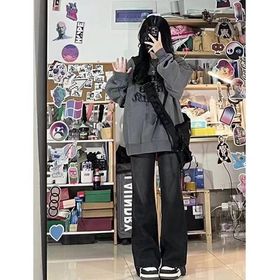 高街复古水洗黑会色直筒牛仔裤女