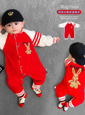 婴儿连体衣秋冬季加绒加厚冬装2025兔年超萌红色新年拜年宝宝衣服