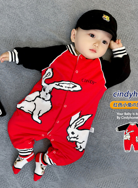 婴幼儿秋冬红色加绒加厚无骨连体衣哈衣爬爬服兔宝宝长袖新生儿