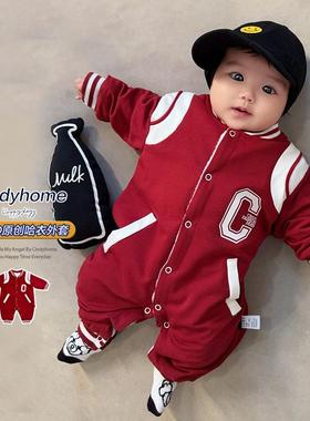 婴儿加绒衣服新款洋气个性红色宝宝连体衣爬服哈衣