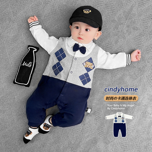 英伦风婴儿连体衣春秋款 衣服 纯棉洋气绅士男宝宝满月百天哈衣春装