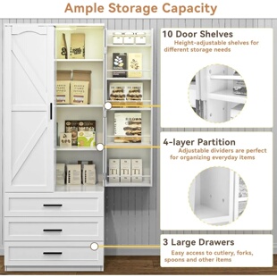 LED Kitchen Pantry Cabinet with 3 Drawers Farmhouse Tall St