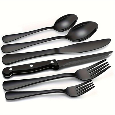 30-Piece Black Silverware Set With Steak Knives, Black Flat