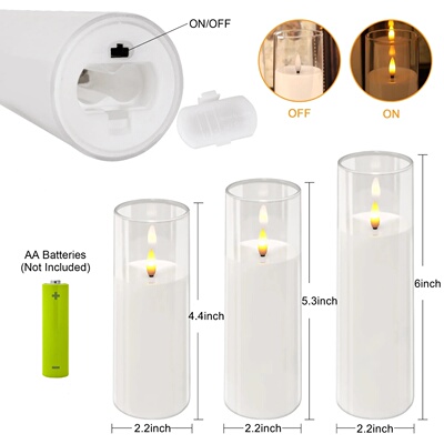 3Pcs White Flameless Candles Light Battery Operated Acrylic