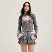 FLEURNAT2026春夏新款 修身 拼接针织衫 JAC 方领上衣百搭长袖 T恤女