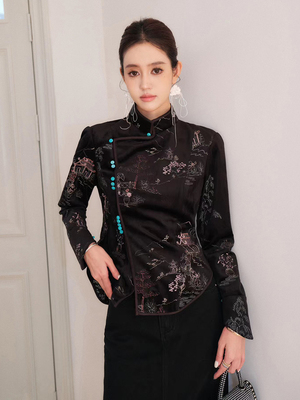 正品新中式刺绣复古衬衣修身女式