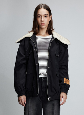 JAC FLEURANT2025秋冬新款拼接白色毛领黑色口袋夹克时尚外套棉衣