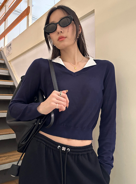 LOOSINGWHITE设计师品牌2025春夏新款纯天丝撞色领POLO长袖针织衫