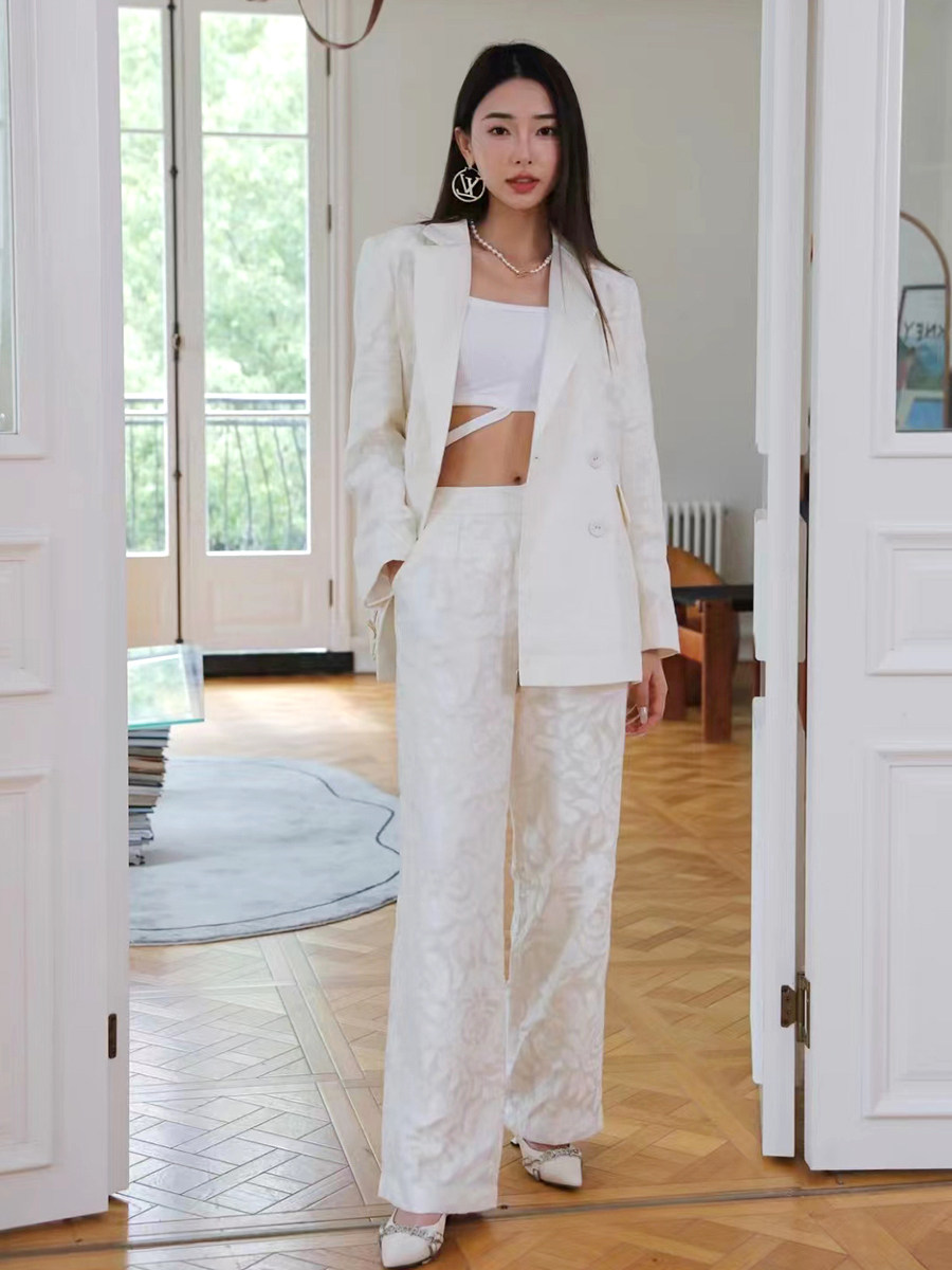 YEESIN设计师春秋织花定制面料休闲西服长裤套装女洋气香槟色现货