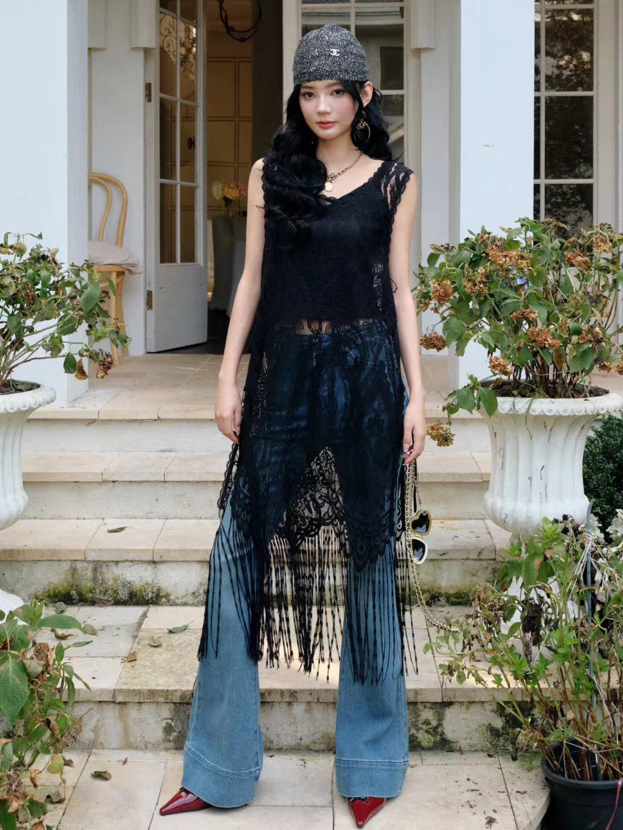 街头摩登无袖流苏背心单穿打底裙