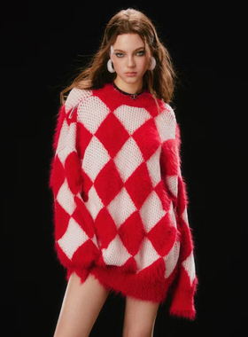 官方授权Jac FLeurant24春秋中长菱格镂空红色毛衣针织衫女百搭潮