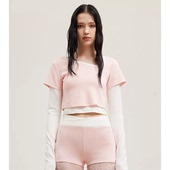 FLEURANT2026春秋新款 拼色假两件斜领长袖 上衣粉色短裤 JAC 套装 女