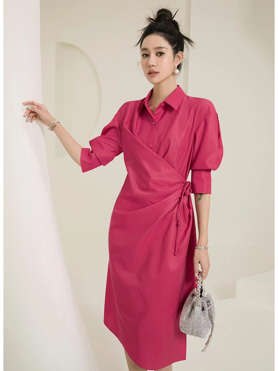 2024春夏新款淑女御姐衬衫领长裙