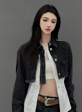 官方授权Jac FLeurant水洗牛仔拼接白色破坏衬衣假两件外套衬衫女