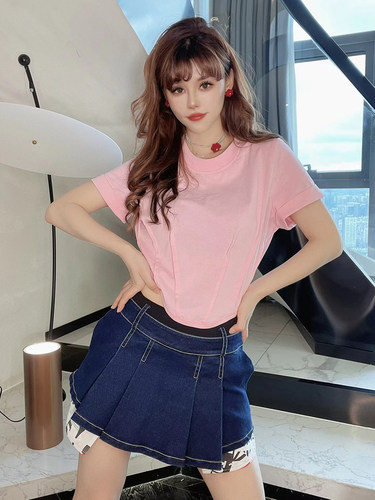 女式圆领设计感高腰显瘦T恤衫女