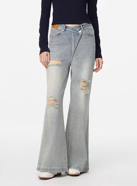 JAC FLEURANT2025春夏蓝色牛仔裤不规则斜腰破没事直筒阔腿裤女