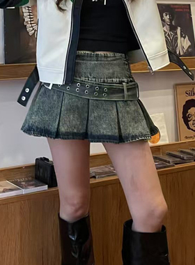 Jac FLeurant水洗复古蓝色腰带百褶百搭短裙性感A字裙女青春裙子