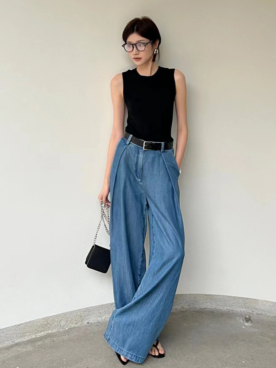 24夏新品天丝飞片裤松紧腰柔软舒适百搭直筒裤女