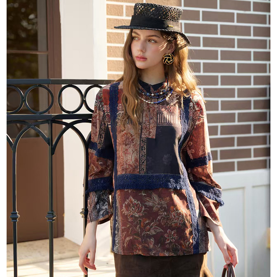 休闲潮流上衣半裙套装棕咖花衬衣