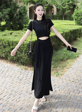 LOOSINGWHITE设计师2025夏季新款修身显身材醋酸黑色连衣裙露腰裙