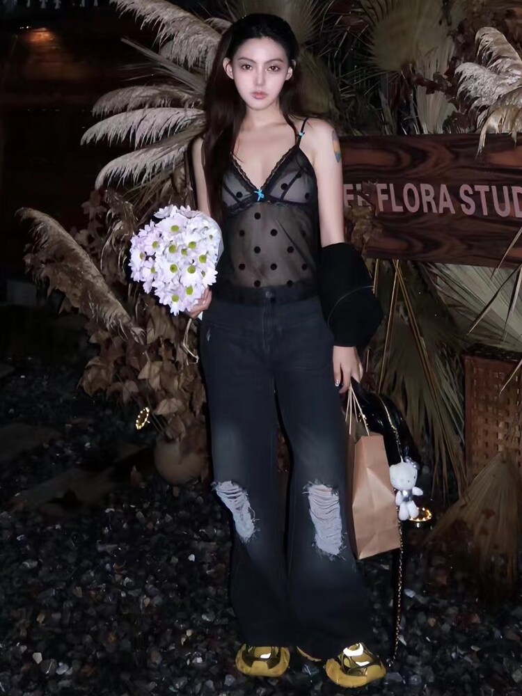 官方授权Jac FLeurant黑色假口袋磨破破洞百搭牛仔裤休闲感女裤潮